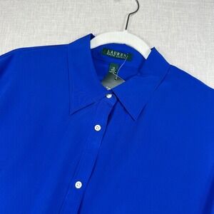 Lauren Ralph Lauren Button Down Women 1X Royal Blue 100% Silk Long Sleeve NWT